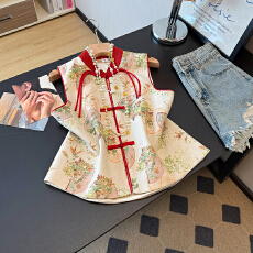 批发新中式国潮复古小立领盘扣鹿皮绒马甲开衫外套女植物花卉