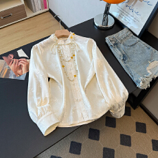 批发2026早春新中式通勤宽松立领珍珠流苏扣国风百搭衬长袖<b class='q'>上衣</b>