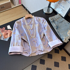 批发浮光花语 轻奢缎面浮雕提花新中式外套女春国风刺绣短款上衣