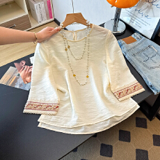 新中式提花珠绣铜氨丝女2026新款春夏缎面气质内搭五分袖上衣