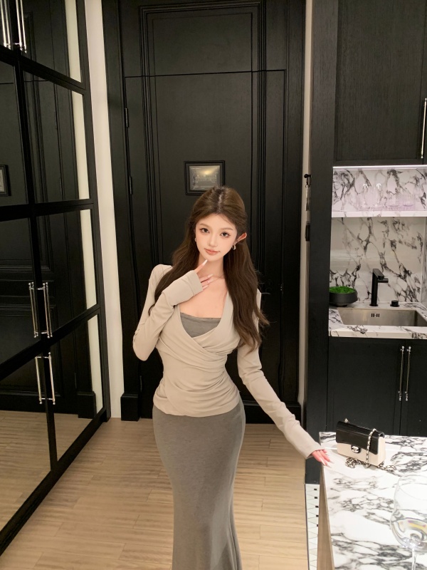 실사 가을 흔들다 칼라 주름 니트 허리 수축 맨위 행침 목 순수한 욕망 인어 꼬리 롱 스커트