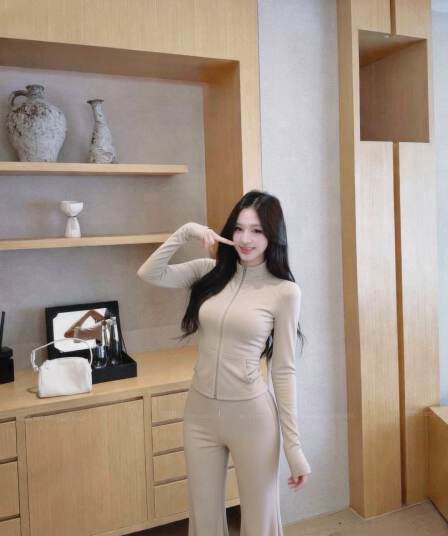 실사 스탠드 칼라 지퍼 긴팔 짧은 외투 도루 가을 센스 와이드 레그 팬츠 부츠컷 여성 가을 세트