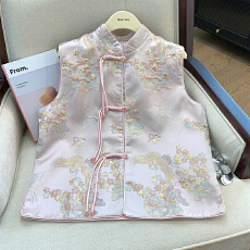 批发新中式马甲粉色真丝唐装马夹背心女外搭重工国风提花坎肩上衣秋季