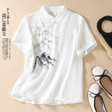 批发禅意女装新中式茶服棉麻<b class='q'>唐装</b>中国风古装盘扣上衣<b class='q'>汉服</b>女款夏季短袖