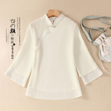 批发夏季2026新中式国风刺绣盘扣雪纺衬衫女小衫宽松显瘦立领上衣