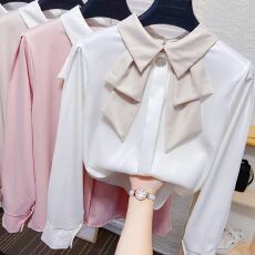 批发小领结娃娃领<b class='q'>衬衫</b>女秋季气质<b class='q'>OL</b>时尚打底<b class='q'>衬衣</b>宽松垂感飘带甜美上衣
