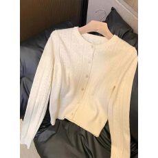 批发重工复古提花镂空针织开衫女秋白色圆领长袖毛衣外套气质时尚上衣