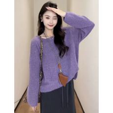批发<b class='q'>大码</b>紫色显白细闪毛衣针织衫女秋季胖mm宽松显瘦内搭打底外穿上衣