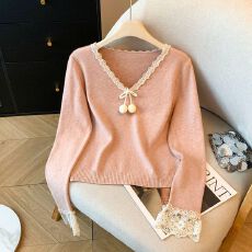 批发甜美蕾丝拼接蝴蝶结针织衫女2025冬季v领显瘦内搭打底衫<b class='q'>可爱</b>上衣