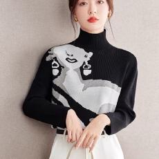 批发2025年秋季新款时尚印花修身显瘦半高领长袖气质针织衫