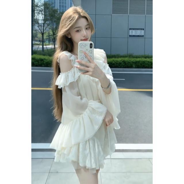 프랑스식 요정 바람 화이트 오프숄더 레이스 여성 드레스 계절 프릴 허리 수축 케이크 드레스