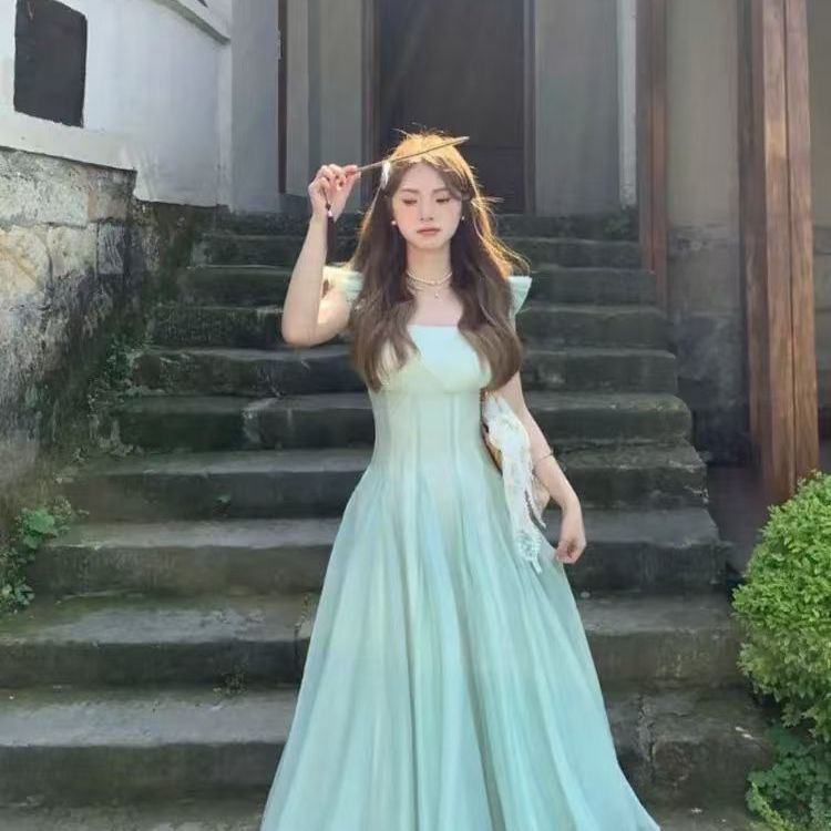 품격 낭만주의 요정 롱 스커트 휴가 프랑스식 새로운 여름 작은 날다 소매 신선함 허리 수축 치마 드레스