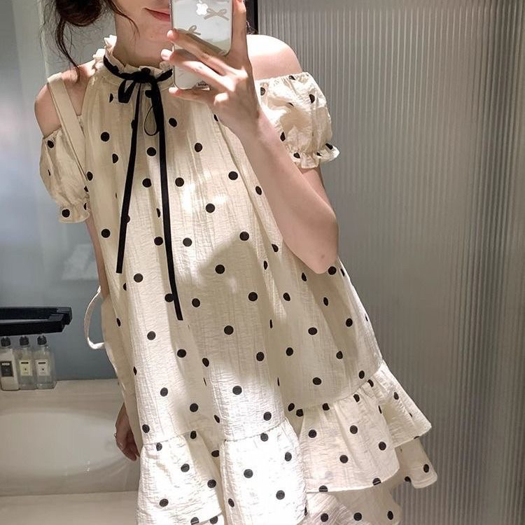 geegeefunny 도트 무늬 여성 드레스 여름 새로운 나비 매듭 오프숄더 반팔 거품 소매 치마