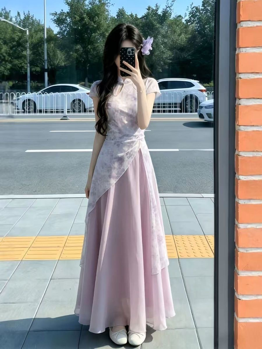 마술 보라색 흐름 구름 새로운 중식 레트로 보라색 슈퍼 요정 개선 국풍 어둠 곡물 프린트 치파오 허리 수축 루 체 빛 거즈 스커트