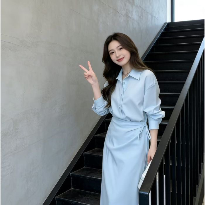 고급 센스 페이크 레이어드 파란색 셔츠 여성 드레스 조기 봄 작은 대중 디자인 슬림해 보이는 품격 polo 롱 스커트