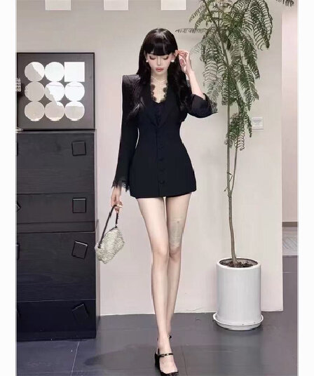 프랑스식 로얄 자매 바람 직장 검정색 레이스 조각 정장 고급 센스 캐주얼 경력 다용도 슬림해 보이는 블레이저