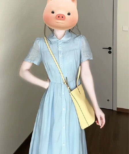 여름 프랑스식 드레스 셔츠 파란색 새로운 작은 키 품격 고급 허리 수축 롱 스커트 폴로 칼라