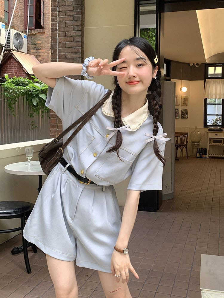 프랑스식 작은 샤넬 스타일 배색 베이비 칼라 점프 슈트 바지 여성 여름 품격 고급 센스 작은 키 워크웨어 스트레이트 반바지