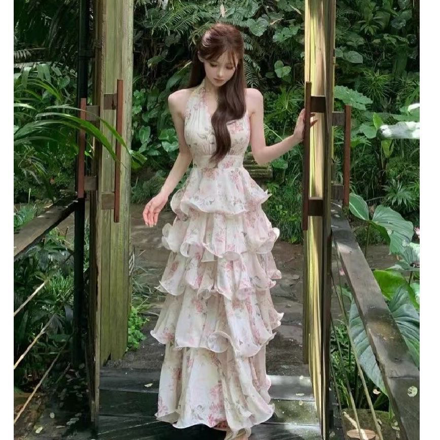 프랑스식 휴가 바람 꽃무늬 백리스 행침 목 여성 드레스 여름 새로운 디자인 센스 허리 수축 프릴 케이크 드레스