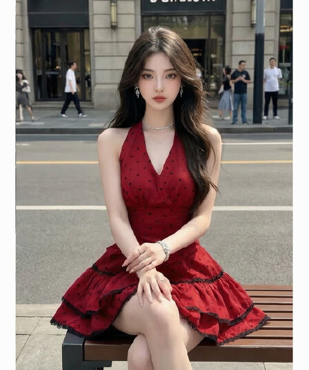 2026 새로운 와인 빨간색 도트 무늬 행침 목 드레스 허리 수축 나비 매듭 핫걸 미니 스커트