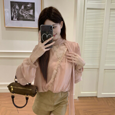 批发法式飘带拼接蕾丝边<b class='q'>防晒</b>衬衫女秋季新款休闲宽松显瘦简约上衣
