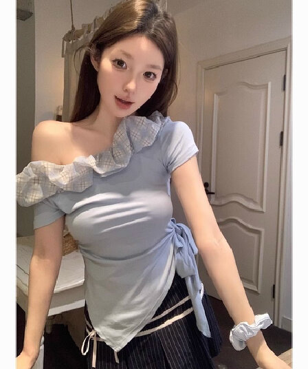 순수한 욕망 바람 프릴 오프숄더 섹시함 반팔 티셔츠 여름 새로운 핫걸 허리 수축 패치워크 색상 불규칙 맨위 여성