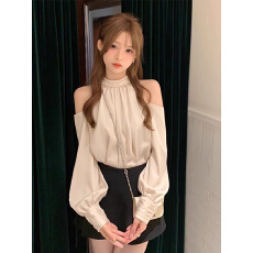 批发法式露肩挂脖<b class='q'>长袖</b><b class='q'>衬衫</b>女早秋季时尚气质小个子雪纺挖肩显瘦上衣潮