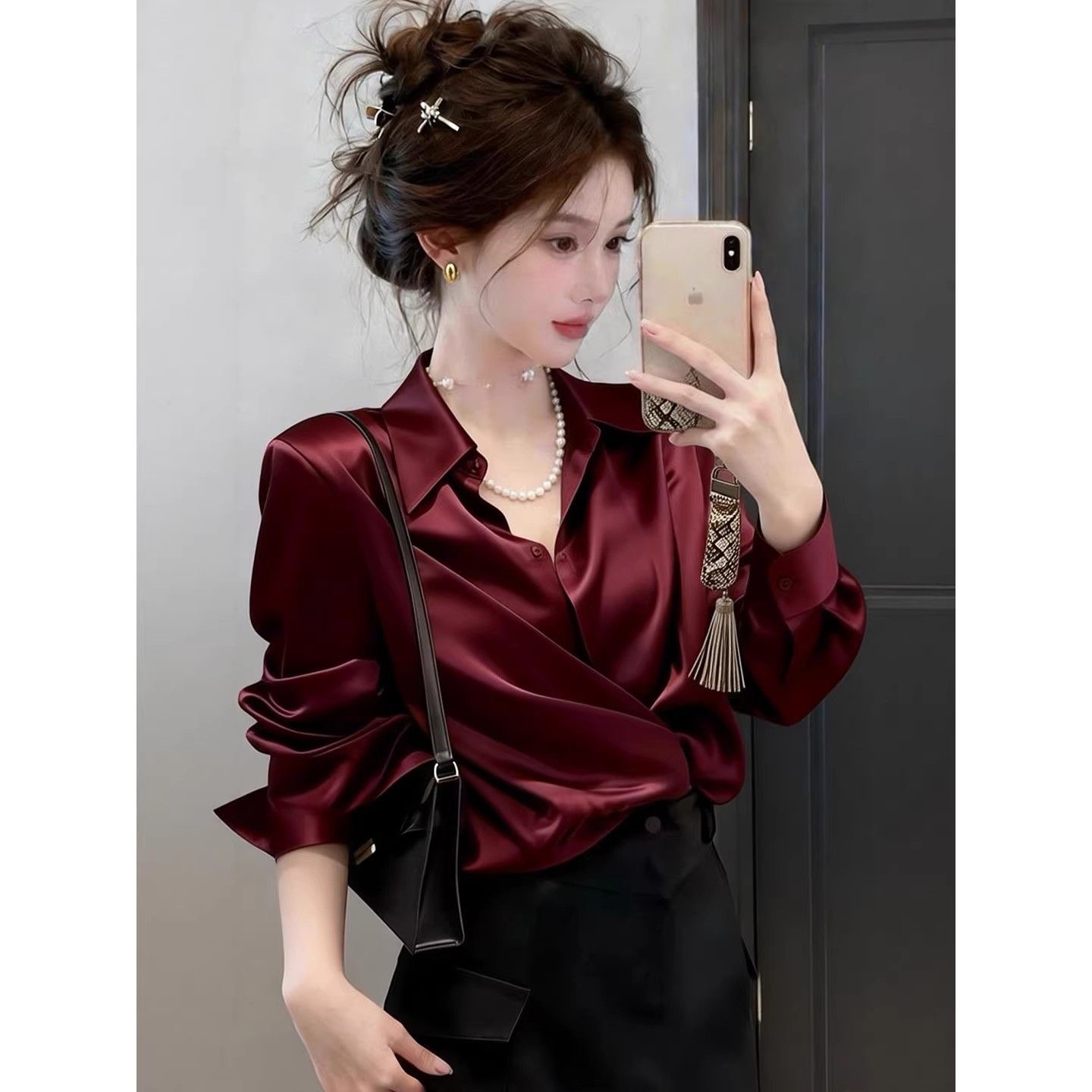 도루 센스 새틴 셔츠 여성 긴 소매 새로운 봄 가을 로얄 자매 팬 폴로 칼라 싱글 줄 버튼 셔츠 출퇴근 바람 맨위