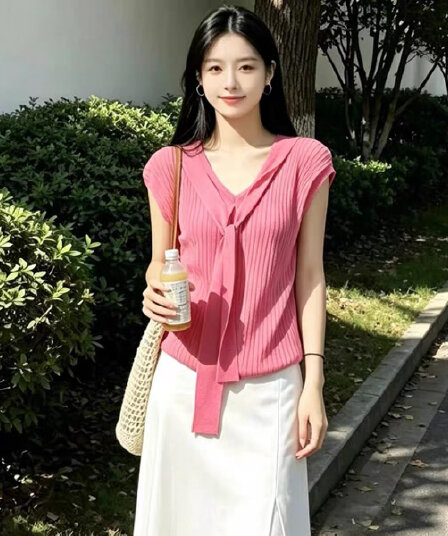 구덩이 기사 슬림해 보이는 리본 V넥 작은 날다 소매 짠 셔츠 여자 2026 새로운 여름 몸매 가꾸기 슬림해 보이는 품격 맨위