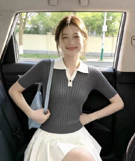 오래된 돈 바람 POLO 칼라 꽈배기 반팔 니트 스웨터 여성 여름 긍정적 인 어깨 몸매 가꾸기 쇼트 스타일 슬림해 보이는 부드러운 출퇴근 맨위