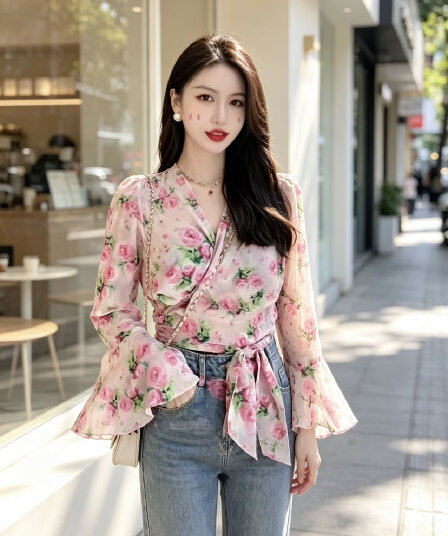 2023 여름 새로운 부드러운 바람 꽃무늬 레이스업 맨위 패션 트렌드 몸매 가꾸기 슬림해 보이는 쇼트 스타일 외부 가져 가라. 쉬폰 블라우스