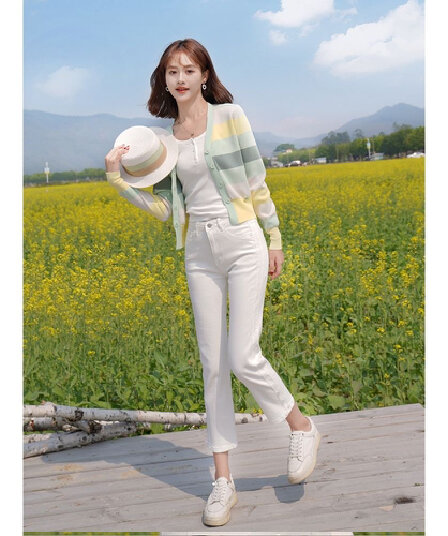 작은 청신 봄 가을 신제품 V넥 스트라이프 니트 오픈 가디건 짧은 외투 조끼 9 포인트 바지 세트