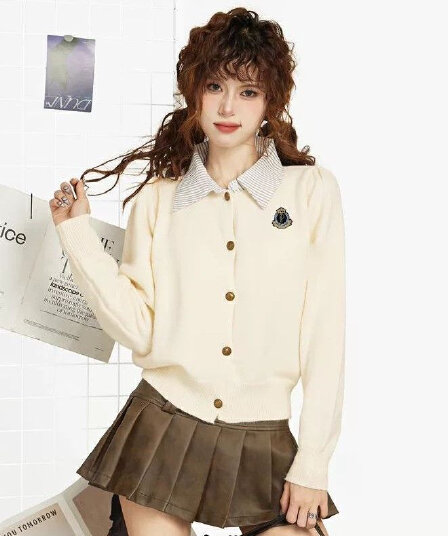 페이크 레이어드 학원 스타일 POLO 칼라 쇼트 스타일 스웨터 여성 코트 봄 가을 이른 가을 인사이드 가져 가라. 니트 오픈 가디건 맨위 가을