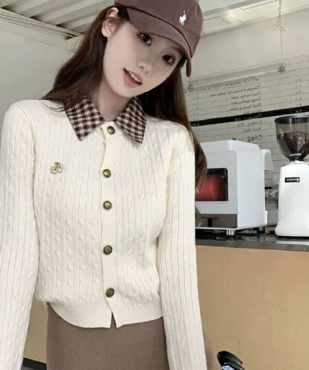 학원 스타일 체크무늬 패치워크 폴로 칼라 만나는 봄 가을 꽈배기 스웨터 긴팔 니트 새로운 오픈 가디건 맨위