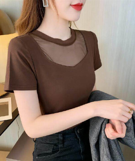 망사 패치워크 반팔 티셔츠 여성 여름 패션 한국 스타일 순수한 욕망 바람 핫걸 작은 대중 검정색 몸매 가꾸기 빅 사이즈 맨위
