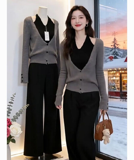 페이크 레이어드 회색 맨위 봄 가을 디자인 센스 빅 사이즈 200 kg 통통한 여동생 연령 감소 행침 목 한 부서 다용도 착용 가져 가라.