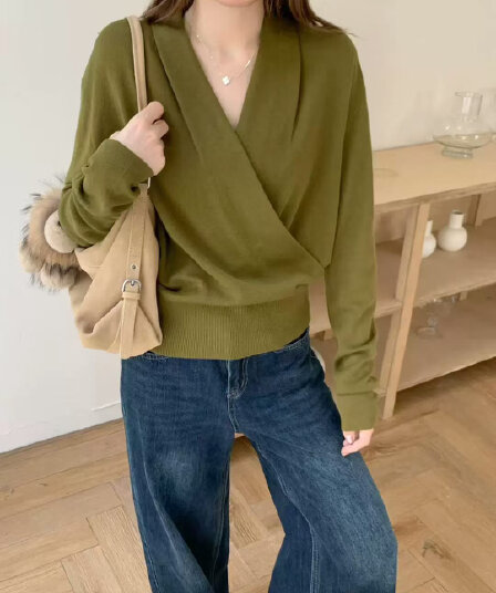 프랑스식 십자가 V넥 여성 가을 겨울철 인사이드 가져 가라. 루즈핏 스웨터 디자인 센스 몸매 가꾸기 니트 기본 셔츠