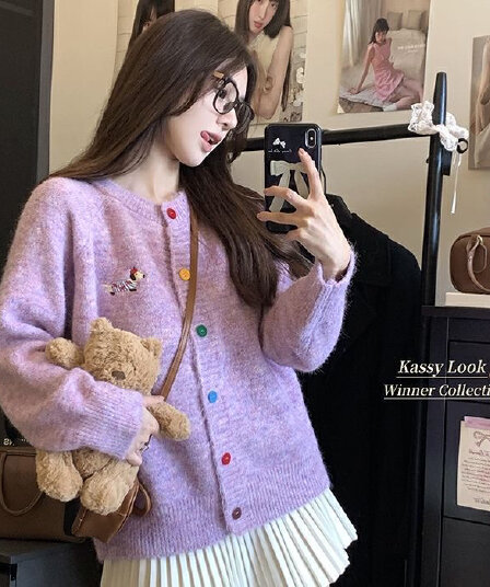 색상 버클 디자인 센스 만화 패턴 니트 오픈 가디건 스웨터 여자 가을 달콤함 부드러운 찹쌀 루즈핏 재킷