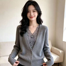 批发灰色爆款花边蕾丝针织开衫早<b class='q'>春</b>新款高贵洋气衣服独特漂亮领小衫