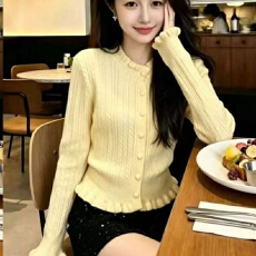 批发2026韩系木耳边毛衣女外套<b class='q'>春</b>秋新款小个子洋气短款针织开衫女上衣