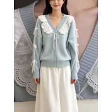 批发慵懒蕾丝花边拼接大码胖MM开衫毛衣女秋冬新款设计针织上衣外套