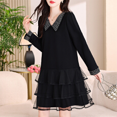 批发加肥加大亮钻翻领<b class='q'>连衣裙</b>2026春新款网纱拼接胖mm小黑裙