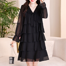 批发大码娃娃领雪纺<b class='q'>连衣裙</b>2026春新款胖mm遮肉显瘦长袖蛋糕裙