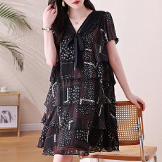 批发2026夏新款大码娃娃领碎花雪纺连衣裙胖mm遮肉显瘦蛋糕裙