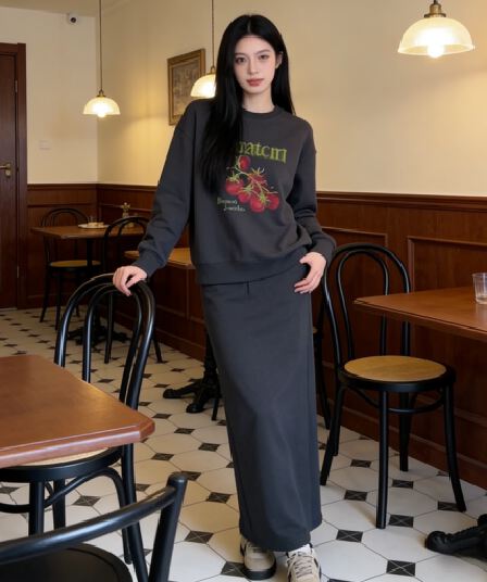 가을 다용도 캐주얼 패션 토마토 자수 라운드 넥 후드티 미니멀리즘 다용도 양모 버전 아니요 트임 반신 스커트