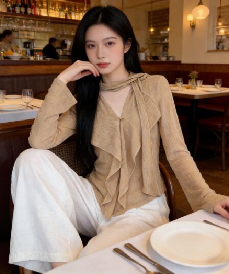 sza 따뜻한 가을 스파이크 측면 가을 새로운 디자인 센스 불규칙 리본 V넥 만나는 니트 스웨터 a-2294