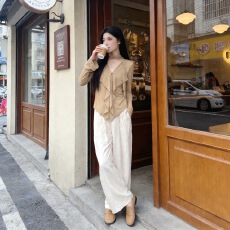 批发《入秋松弛系》设计感飘带V领T恤女巨好看秋季新款长袖上衣套<b class='q'>装</b>