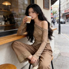 批发韩系辣妹穿搭套装晕染不规则长袖针织衫女装秋季抽绳休闲裤两件套