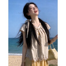 批发新中式国风蕾丝短袖上衣女<b class='q'>夏季</b>宽松显瘦<b class='q'>衬衫</b>女