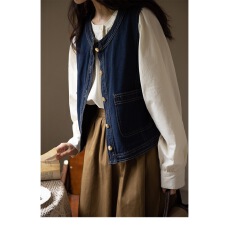 批发日系复古蓝色牛仔<b class='q'>马甲</b>女春秋叠穿背心外搭小个子坎肩<b class='q'>马夹</b>无袖上衣